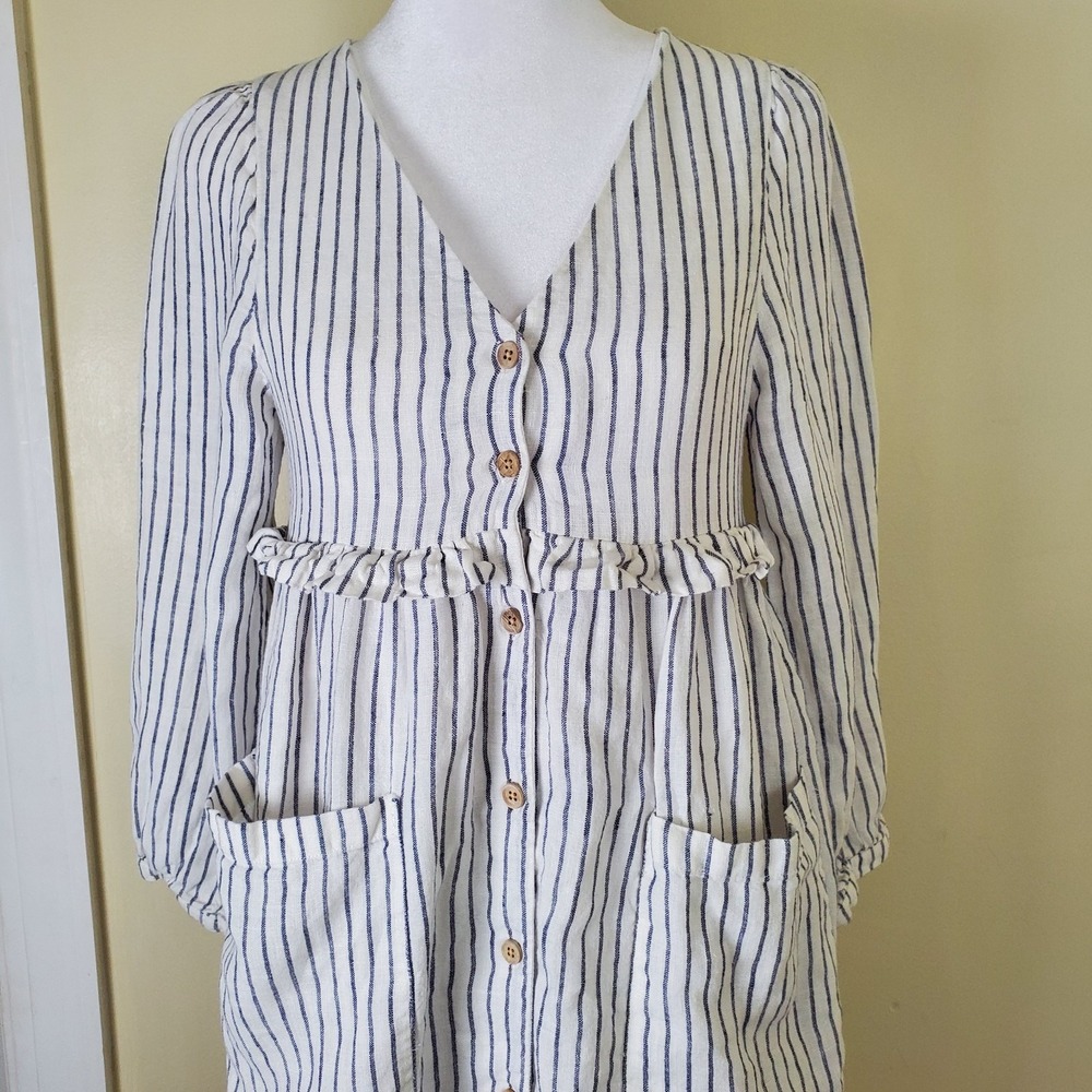 Emerson Fry Coastal Striped Long Sleeve Linen Midi Shirt Dress XS Button Front